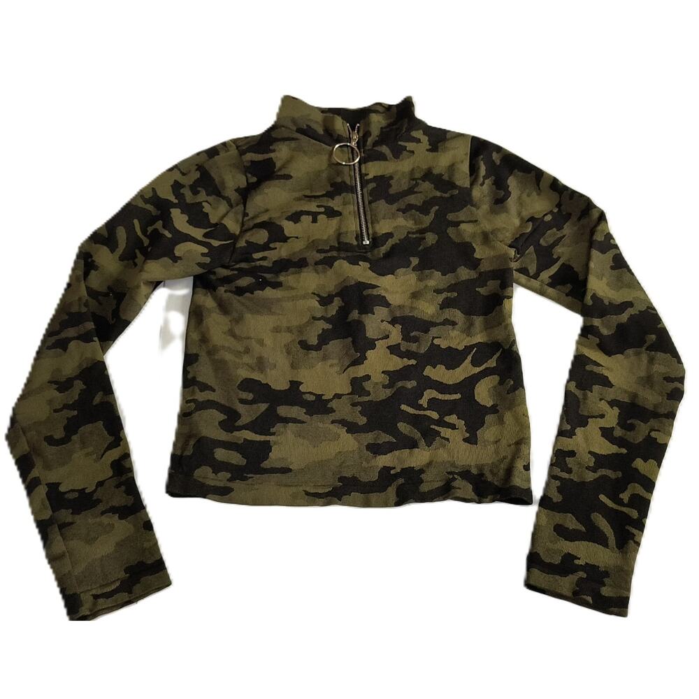 90s Girls 1/4 Zip Collared Long Sleeve Camo Print Top Outdoor Brown Size S G001 - Picture 3 of 5